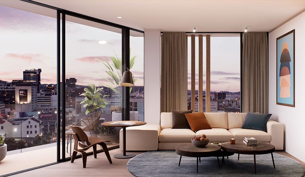 Sunset West Wellington artists render of living room and city view 1045x607